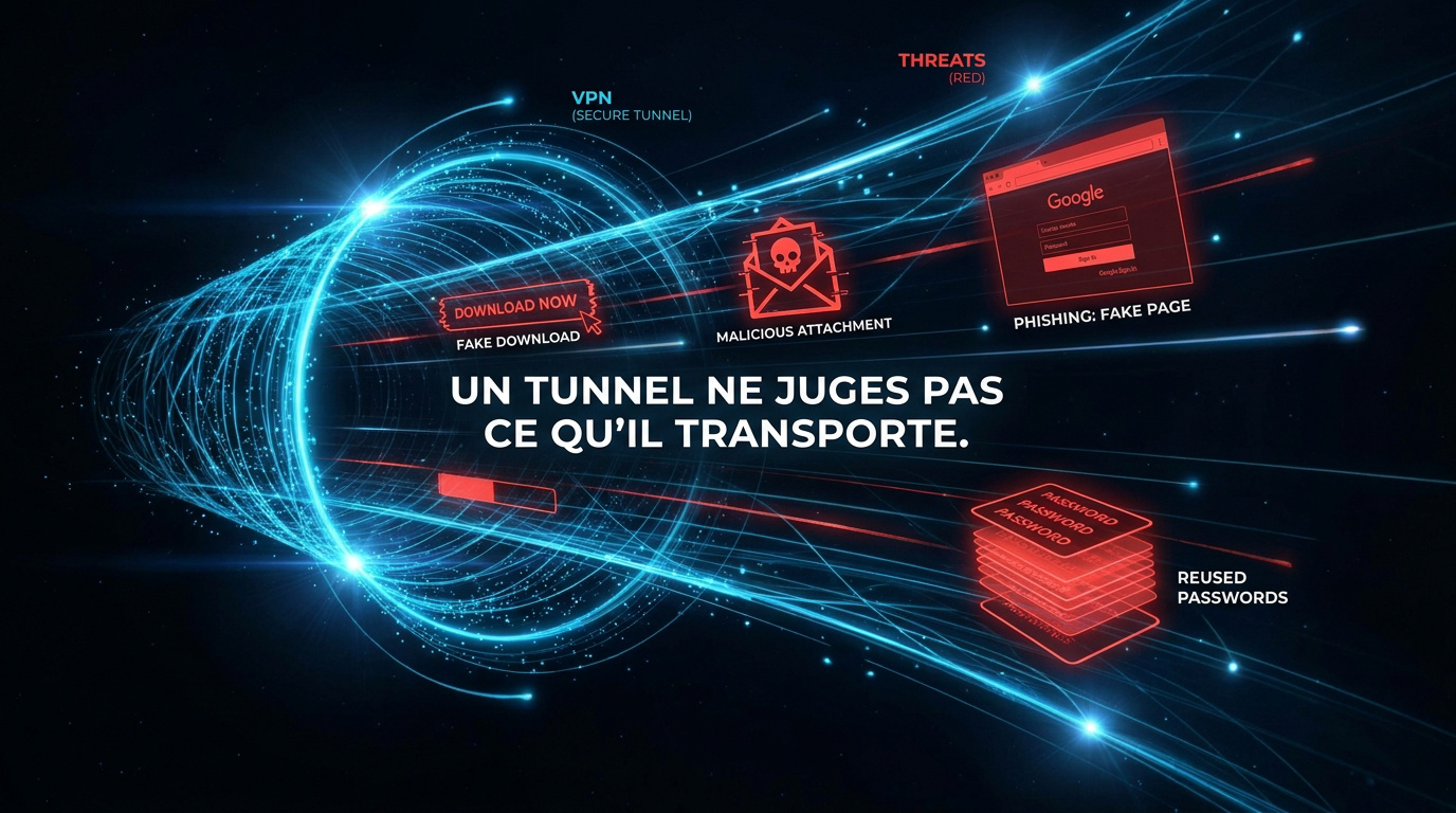 Représentation d'un tunnel numérique sécurisé laissant passer des fichiers malveillants