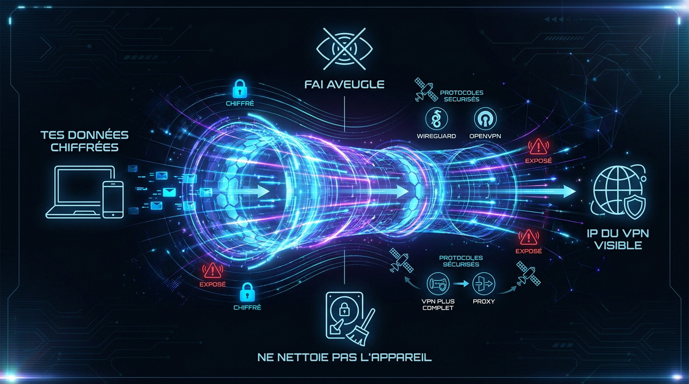 Infographie expliquant le fonctionnement du chiffrement et du tunnel VPN pour sécuriser les données