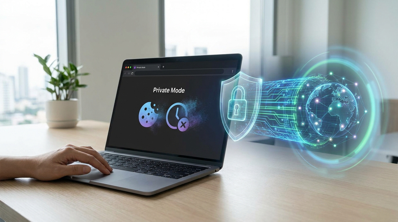 Une personne utilise un ordinateur portable affichant un mode privé avec une interface holographique de cybersécurité.