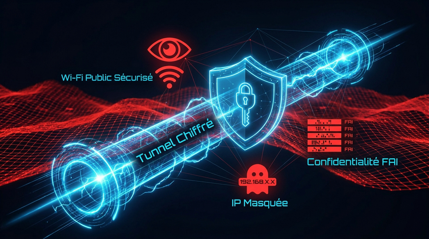 Schéma technologique montrant le tunnel de protection d'un VPN contre les interceptions de données