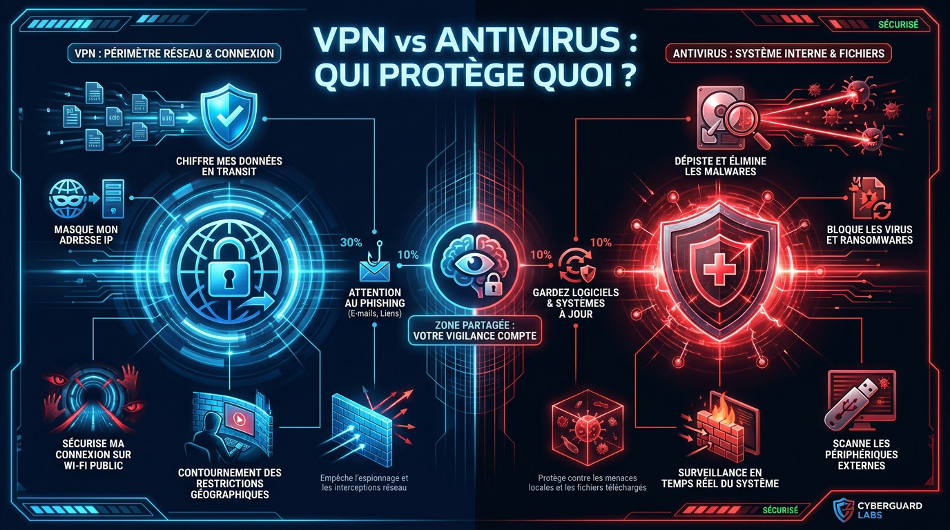 VPN antivirus : comparaison visuelle entre la protection réseau du VPN et la protection système de l'antivirus