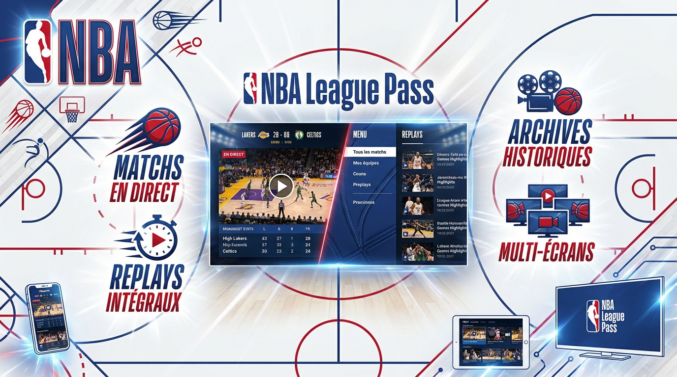 Interface de streaming du NBA League Pass affichant des matchs en direct et des options de replay