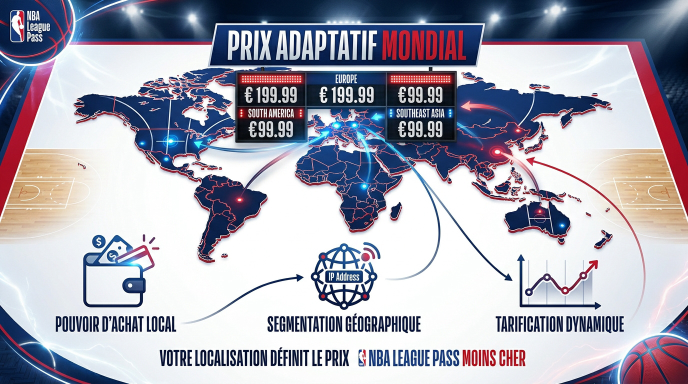 Ballon de basket devant un globe symbolisant la tarification g&eacute;ographique du NBA League Pass