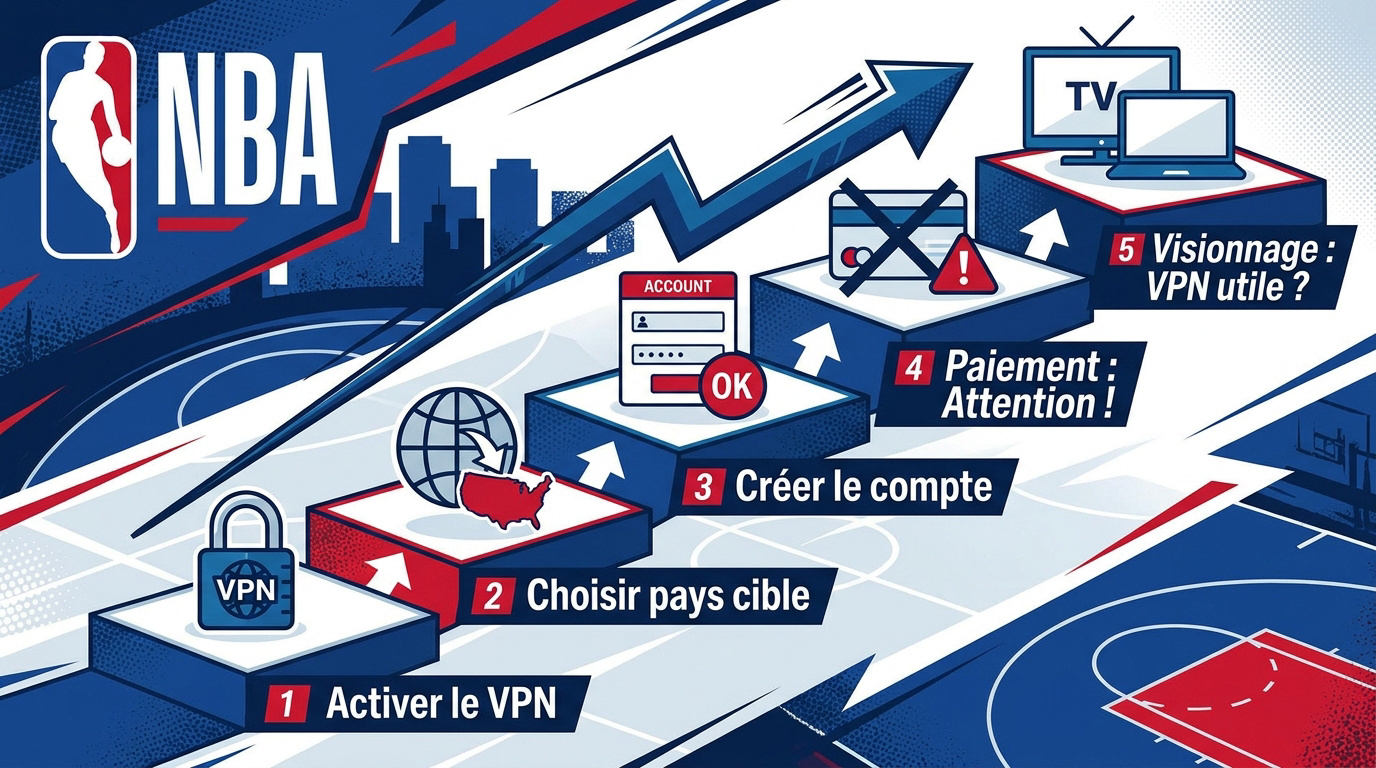 Infographie des &eacute;tapes du NBA League Pass VPN : configurer le VPN et acc&eacute;der au League Pass