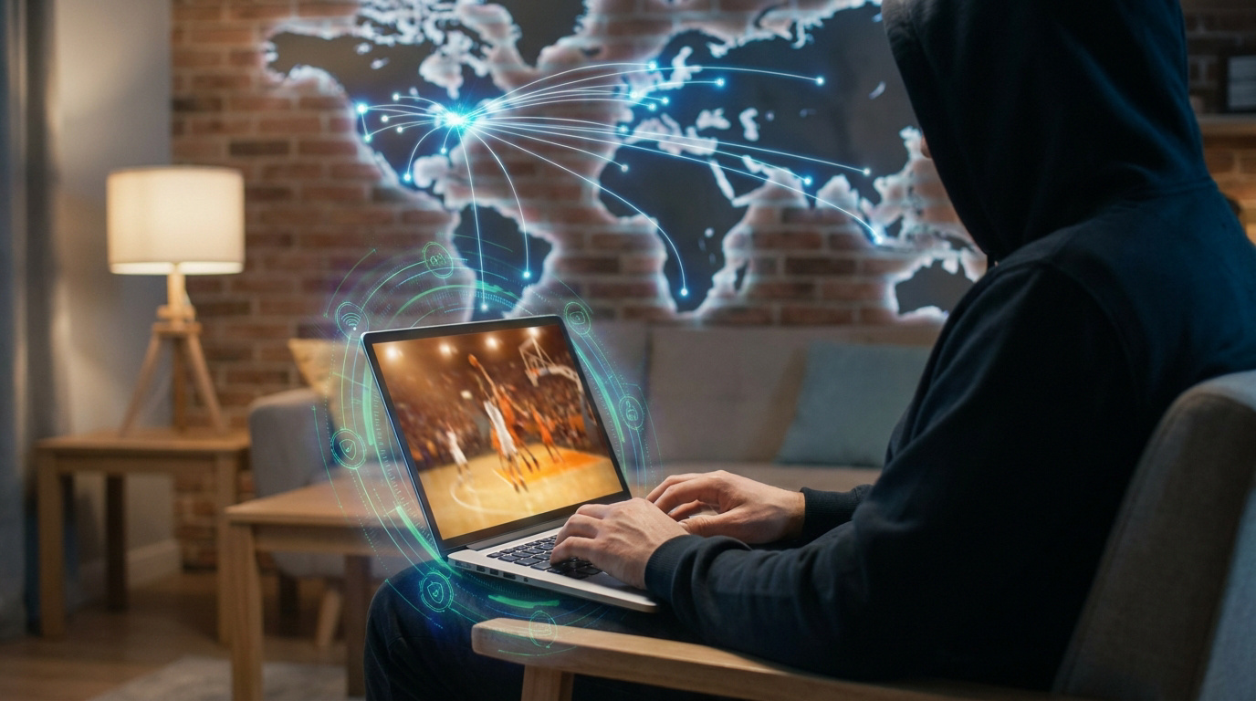 Personne en sweat à capuche regardant un match de basket sur un ordinateur portable, carte du monde connectée - NBA League Pass avec un VPN