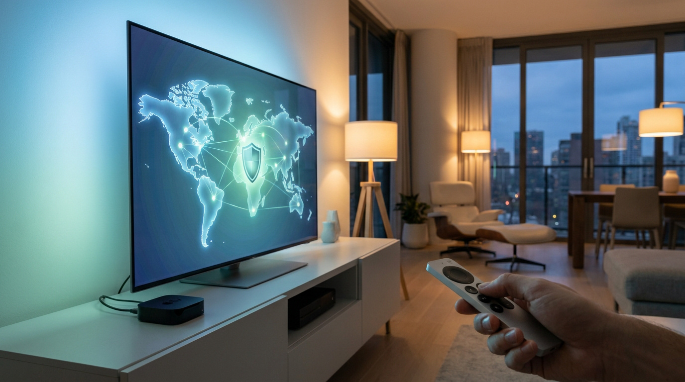 Salon moderne : télévision affichant une carte du monde sécurisée, box Apple TV et télécommande - VPN Apple TV
