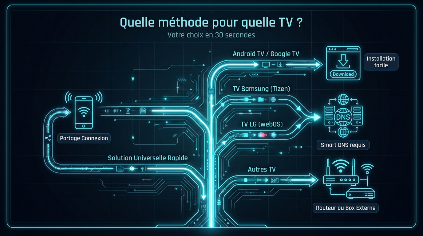Infographie Arbre de décision pour choisir la méthode de connexion VPN selon la marque de Smart TV