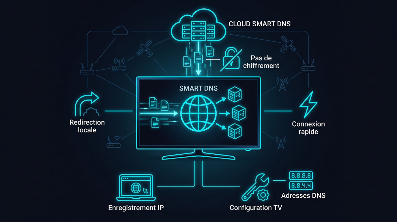 Schéma explicatif du fonctionnement du Smart DNS sur une Smart TV Samsung ou LG