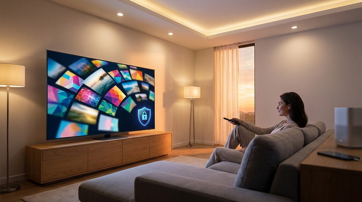 Femme regardant une Smart TV protégée par un VPN dans un salon - VPN sur Smart TV
