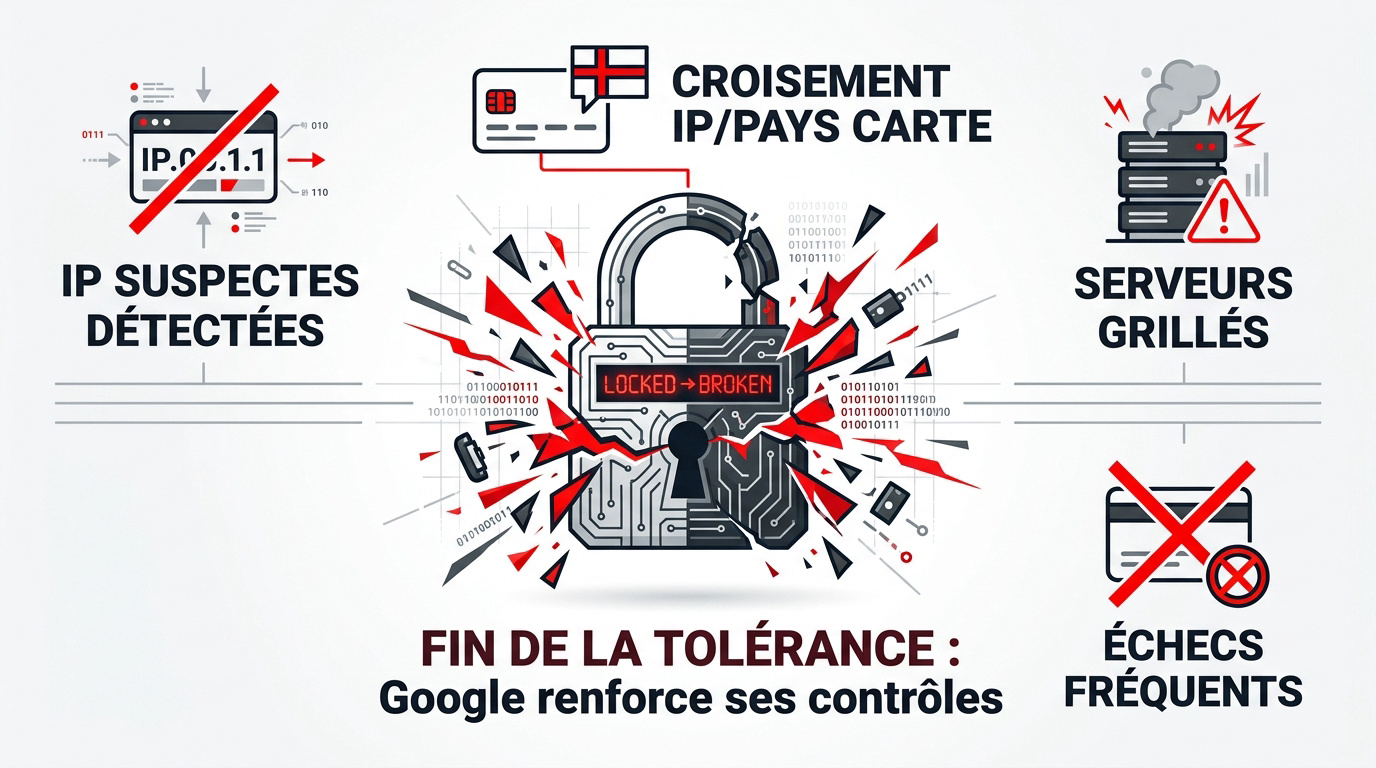 Illustration des contrôles de localisation Google avec un globe stylisé et des étiquettes de prix