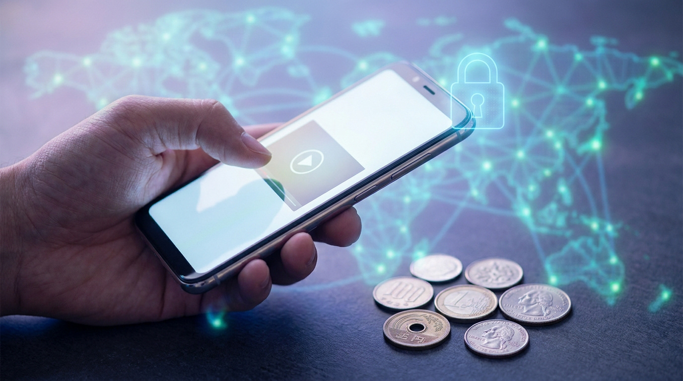 Main tenant un smartphone avec une vidéo, cadenas et carte du monde, pièces de plusieurs pays : YouTube Premium moins cher avec un VPN